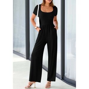 Pretty‎ Garden Black Square Neck Jumpsuit Wide Leg Short Sleeve Romper SZ M